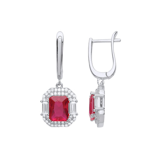 Silver Red Emerald cut CZ Octagon Amphitheatre Drop Earrings - GVE700