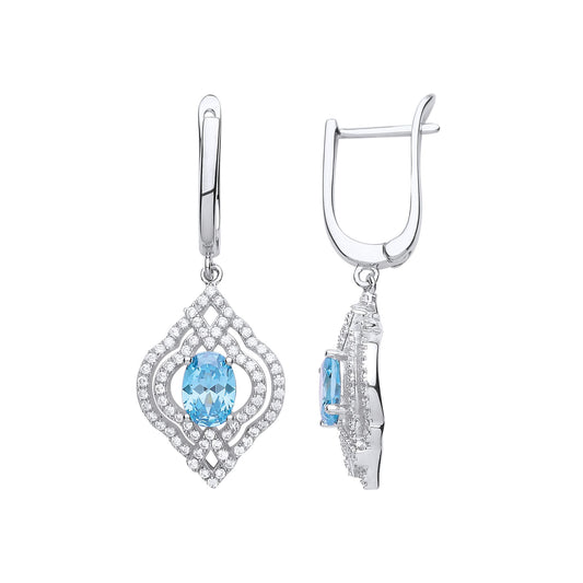 Silver Light Blue Oval CZ Arabesque Clover Lantern Drop Earrings - GVE701