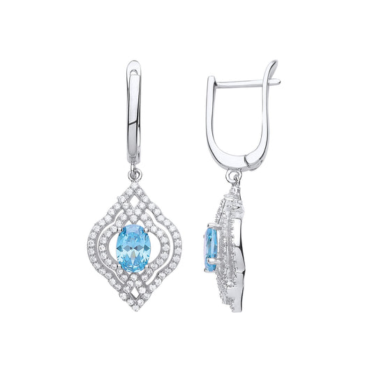 Silver Light Blue Oval CZ Arabesque Clover Lantern Drop Earrings - GVE701