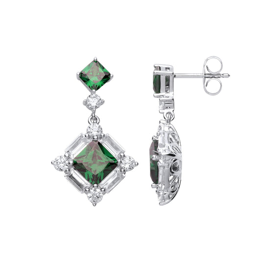 Silver Green Princess Cut CZ Square Frame Drop Earrings - GVE706