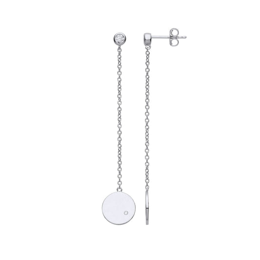 Silver CZ Solitaire Disc Chain Drop Earrings - GVE711