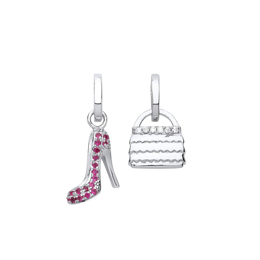 Silver Pink CZ Clutch Handbag Stiletto Heel Drop Earrings - GVE716