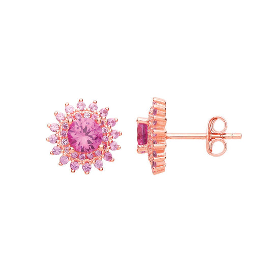 Rose Silver Pink CZ Sunshine Star Burst Stud Earrings - GVE729