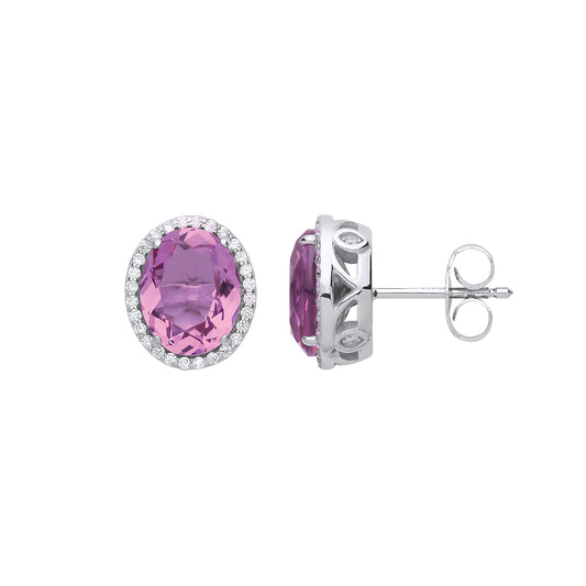 Silver Purple Oval CZ Halo Solitaire Stud Earrings - GVE730