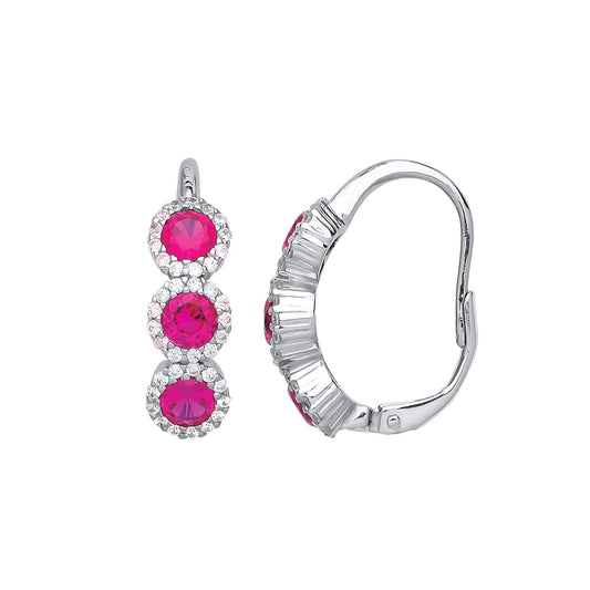 Silver Red CZ Trilogy Halo Cluster Drop Earrings - GVE732RU