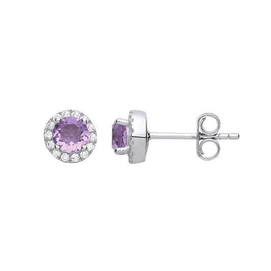 Silver Lilac CZ Solitaire Halo Cluster Stud Earrings - GVE733