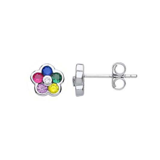 Silver Red Green Blue Peach Lilac CZ Rainbow Daisy Stud Earrings - GVE737