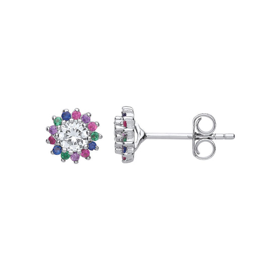 Silver Pink Lilac Blue Green CZ Rainbow Halo Stud Earrings - GVE738