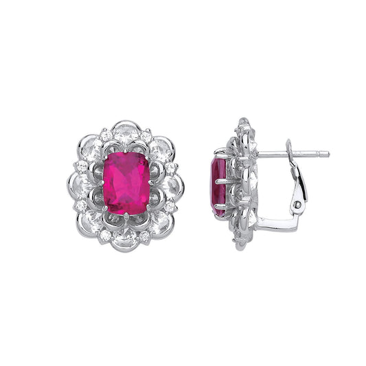 Silver Red Cushion CZ Supernova Flower Cluster Drop Earrings - GVE739RU