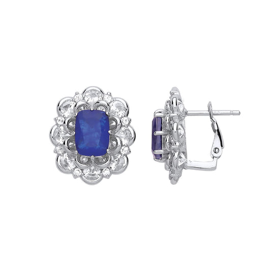 Silver Blue Cushion CZ Supernova Flower Cluster Drop Earrings - GVE739SAP