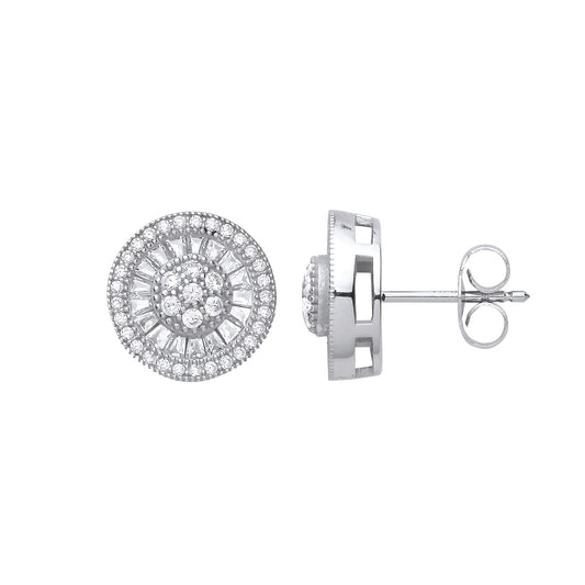 Silver CZ Halo Cluster Sunburst Stud Earrings - GVE740