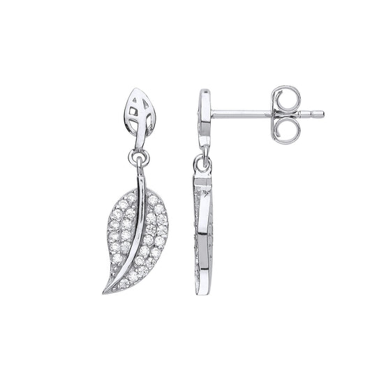Silver CZ Feather Leaf Drop Earrings - GVE742