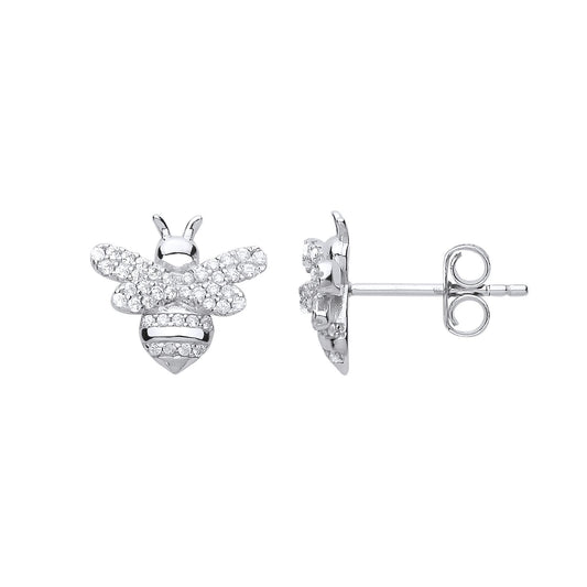 Silver CZ Queen Bumble Honey Bee Stud Earrings - GVE743