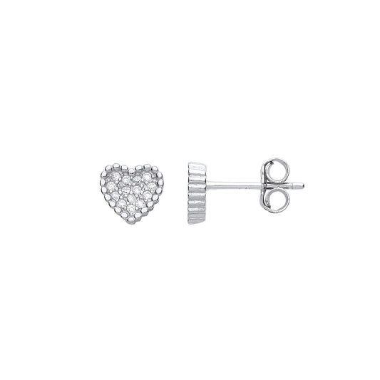Silver CZ Bead Edge Love Heart Cluster Stud Earrings - GVE747
