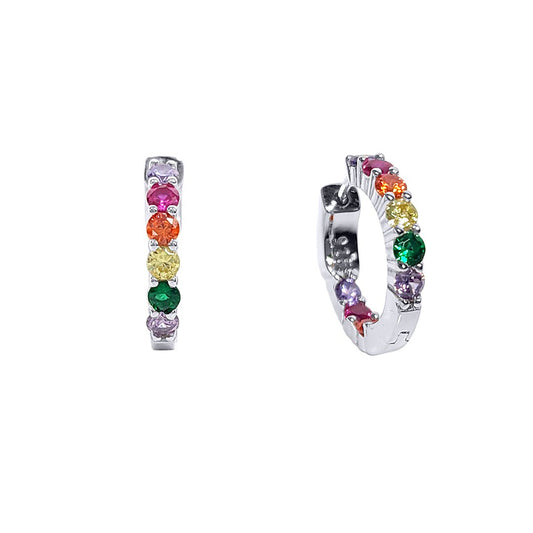 Silver Multi Colour CZ Rainbow Huggie Hoop Earrings 2mm 16mm - GVE754