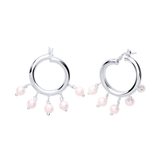 Silver Simulated Pearl Chandelier Hoop Drop Earrings 19mm 4mm - GVE759