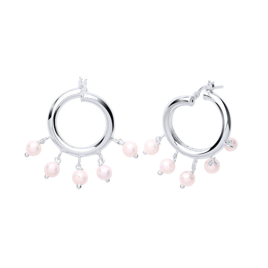 Silver Simulated Pearl Chandelier Hoop Drop Earrings 19mm 4mm - GVE759