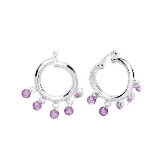 Silver Purple CZ Checkerboard Spheroid Hoop Drop Earrings 19mm - GVE760
