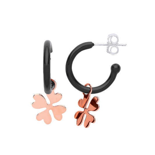 Rose Silver Black Enamel Lucky 4 Leaf Clover Charm Drop Earrings - GVE764