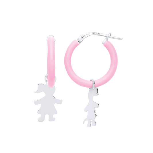 Silver Pink Enamel Little Girls Silhouette Drop Earrings - GVE765