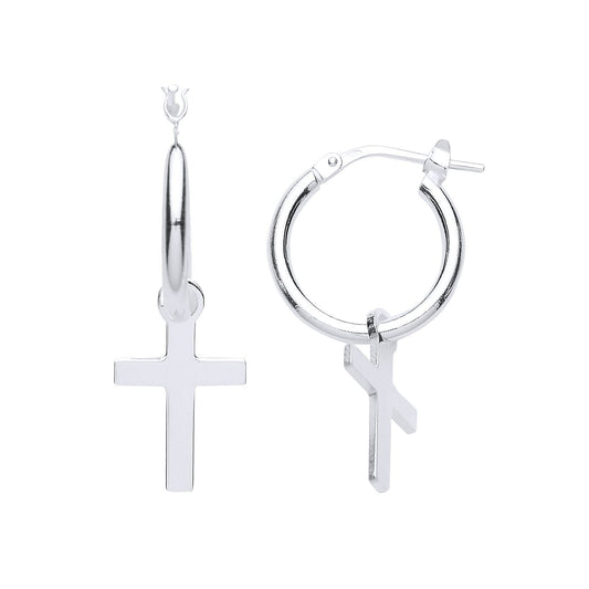Silver Cross Charm Hoop Drop Earrings - GVE773
