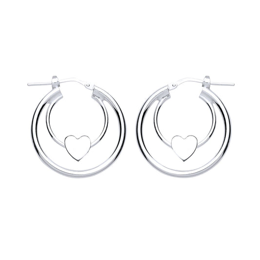 Silver Love Heart Double Hoop Earrings 18mm - GVE775