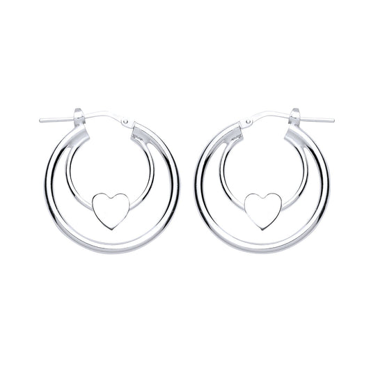 Silver Love Heart Double Hoop Earrings 18mm - GVE775