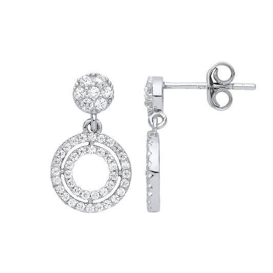 Silver CZ Double Halo Hoop Drop Earrings - GVE795