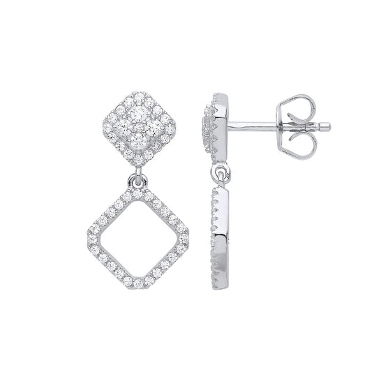 Silver CZ Square Halo Cluster Drop Earrings - GVE796