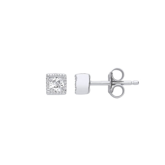 Silver Princess Cut CZ Bead Edge Solitaire Stud Earrings - GVE802