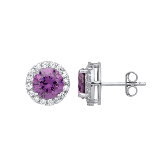 Silver Purple CZ Solitaire Halo Cluster Stud Earrings - GVE806