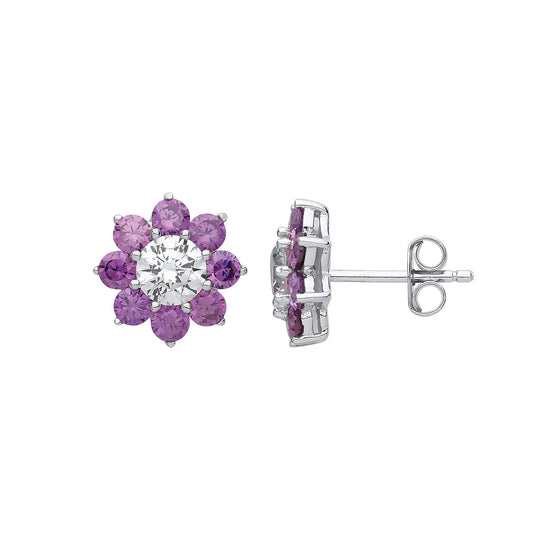 Silver Purple CZ Majestic Flower Cluster Stud Earrings - GVE807