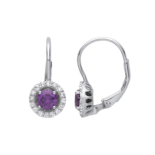 Silver Purple CZ Solitaire Halo Drop Earrings - GVE813AM