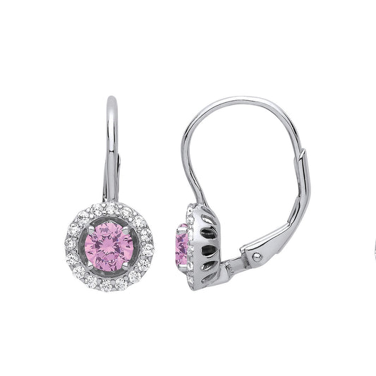 Silver Pink CZ Solitaire Halo Drop Earrings - GVE813PINK
