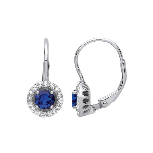 Silver Blue CZ Solitaire Halo Drop Earrings - GVE813SAP