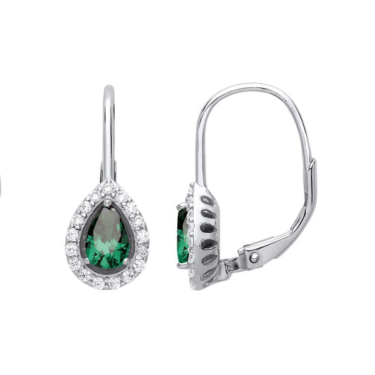 925 Sterling Silver Green Pear CZ Tears of Joy Halo Drop Earrings - GVE814EM