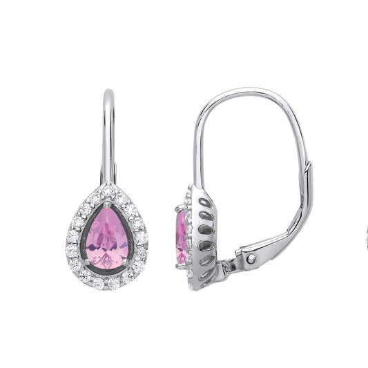 Silver Pink Pear CZ Tears of Joy Halo Drop Earrings - GVE814PINK