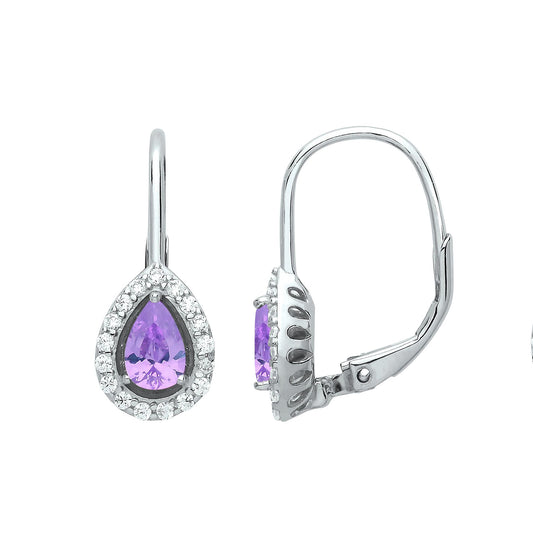 Silver Lilac Pear CZ Tears of Joy Halo Drop Earrings - GVE814VIO