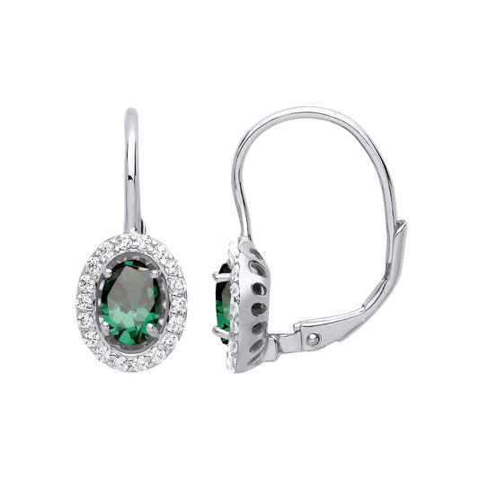 925 Sterling Silver Green Oval CZ Solitaire Halo Drop Earrings - GVE815EM