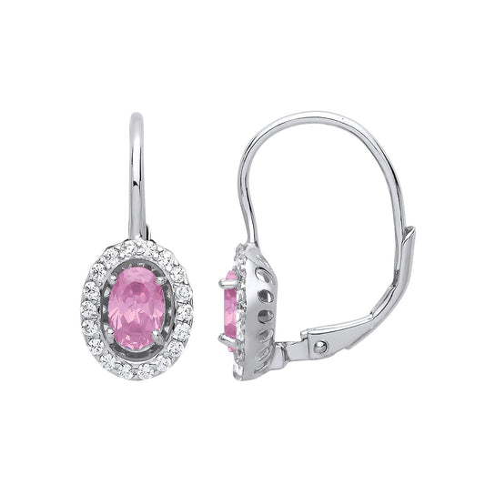Silver Pink Oval CZ Solitaire Halo Drop Earrings - GVE815PINK