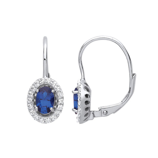 Silver Blue Oval CZ Solitaire Halo Drop Earrings - GVE815SAP