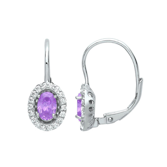 Silver Lilac Oval CZ Solitaire Halo Drop Earrings - GVE815VIO