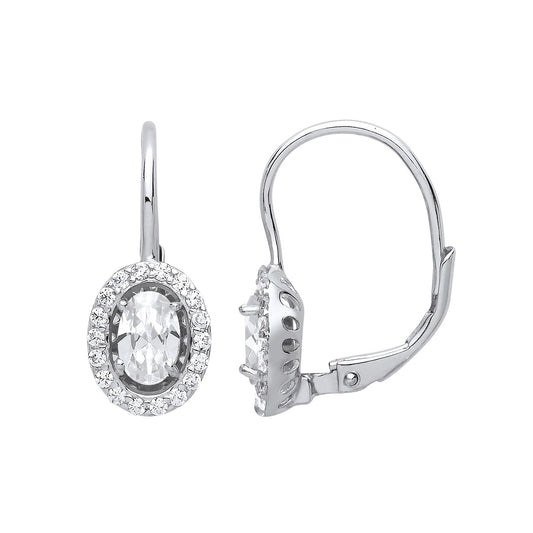 925 Sterling Silver Oval CZ Solitaire Halo Drop Earrings - GVE815WH