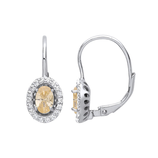 Silver Yellow Oval CZ Solitaire Halo Drop Earrings - GVE815YC