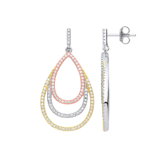 3-Colour Silver CZ Triple Tier Halo Tear Drop Earrings - GVE827
