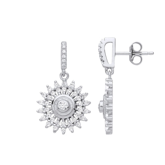 Silver CZ Sunshine Star Burst Drop Earrings - GVE836
