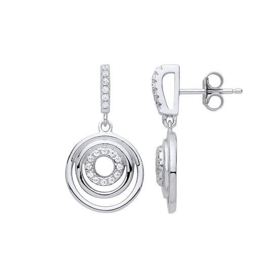 Silver CZ Tunnel Rings Halo Drop Earrings - GVE840