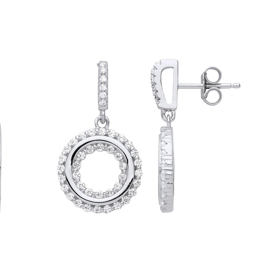 Silver CZ Halo Donut Ring Drop Earrings - GVE843