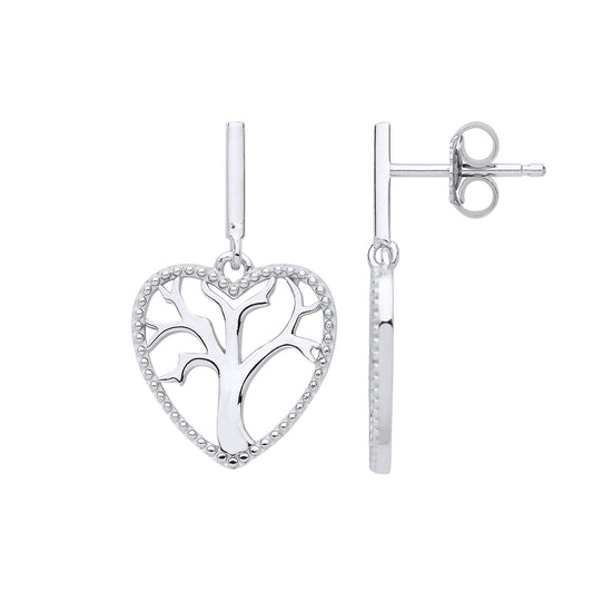 Silver Love Heart Tree of Life Drop Earrings - GVE859