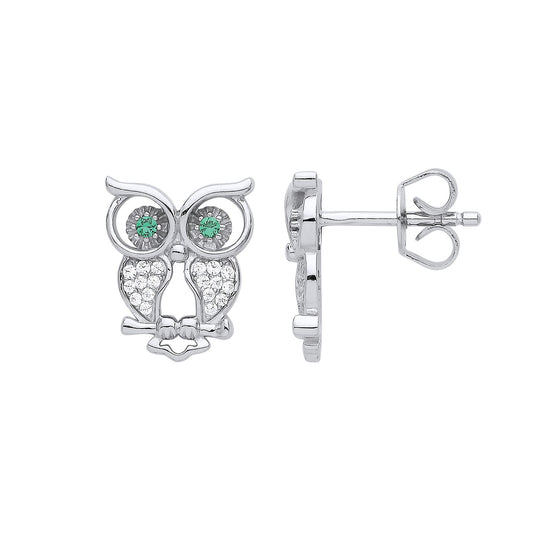Silver Green CZ Wise Owl Hoot Drop Earrings - GVE860